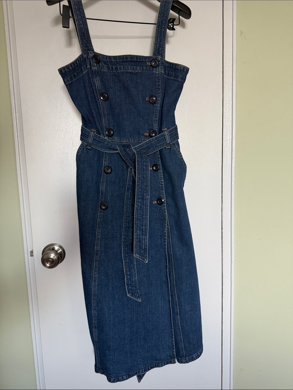 J. Crew Dark Denim Double-Breasted Overall Dress with Tie Belt